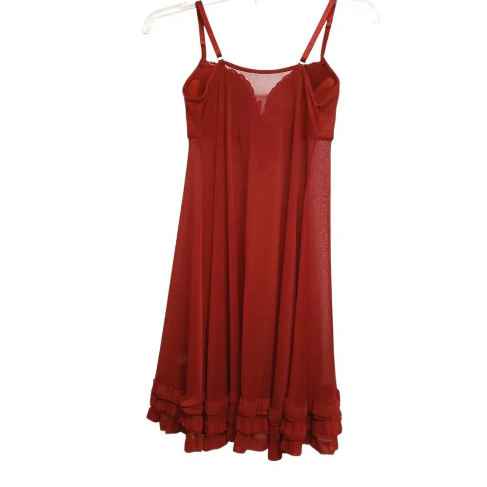 Babydoll Lingerie Sz M Red Semi Sheer Lace Padded Rhinestone Embroidered‎ Ruffle - Picture 5 of 12